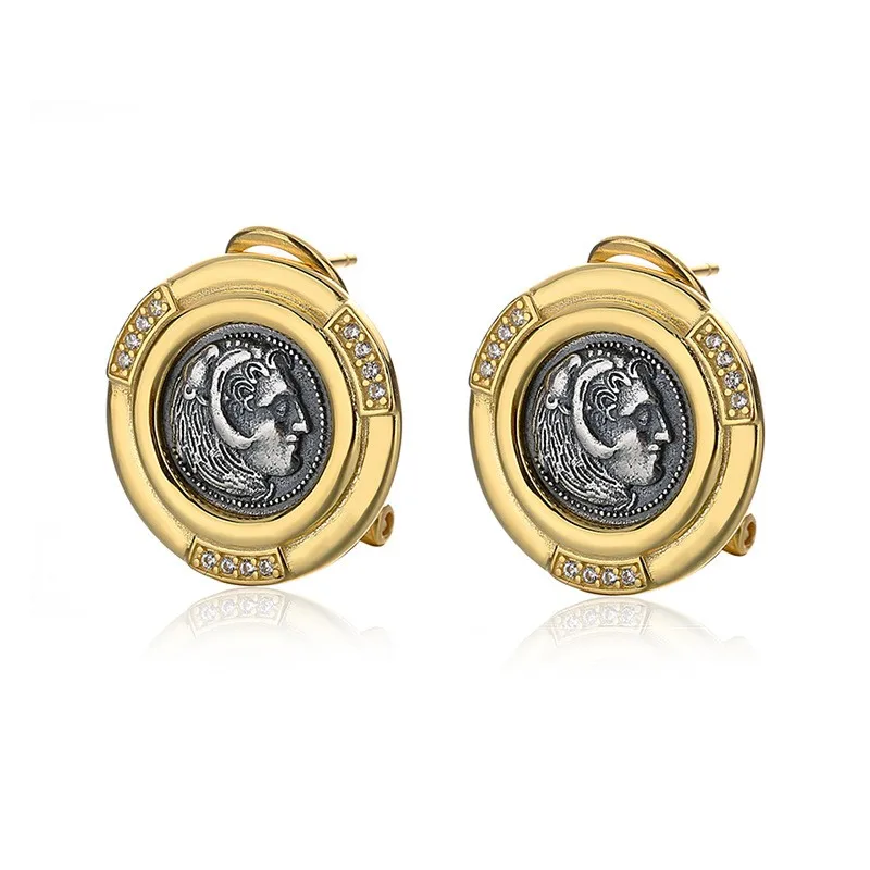 

DLSM-2 ZFSILVER 925 Silver Fashion High Quality Luxury Gold Retro Ancient Hercules Coin Earring Jewelry Women Matchall Gift Girl