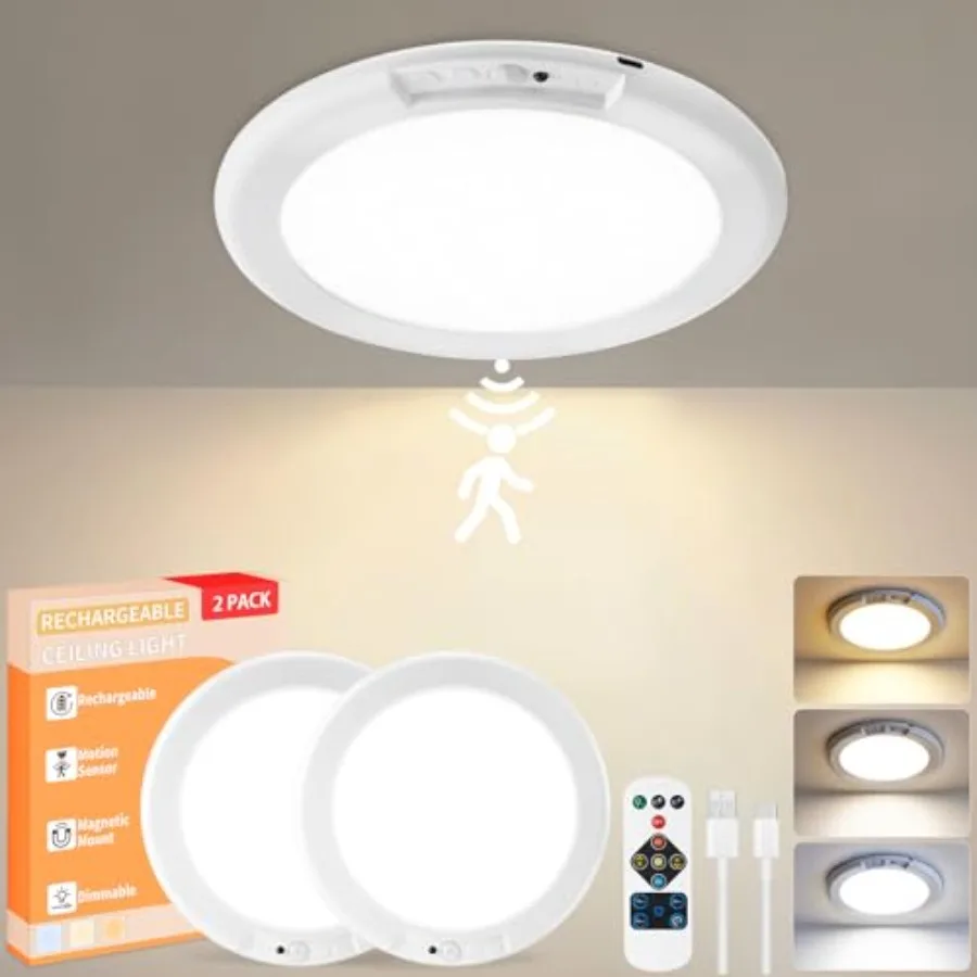 Rechargeable Ceiling Light 2Pack, 3 Color Magnetic Motion Sensor Lights with Remote, Wireless Dimmable Closet Light Battery Ope