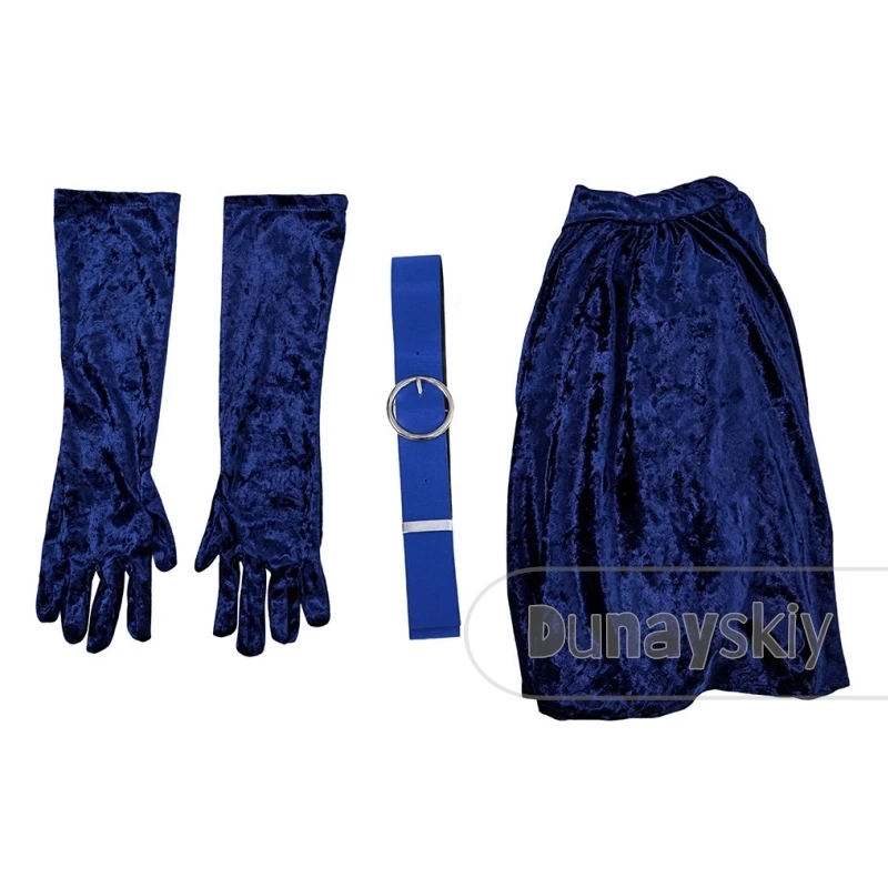 Alien Stage Mizi Cosplay Costume Wig Velvet Dress Off Shoulder Halter Neck Mesh Sheer Panel Gem Brooch Blue Waist Belt Buckle view 5