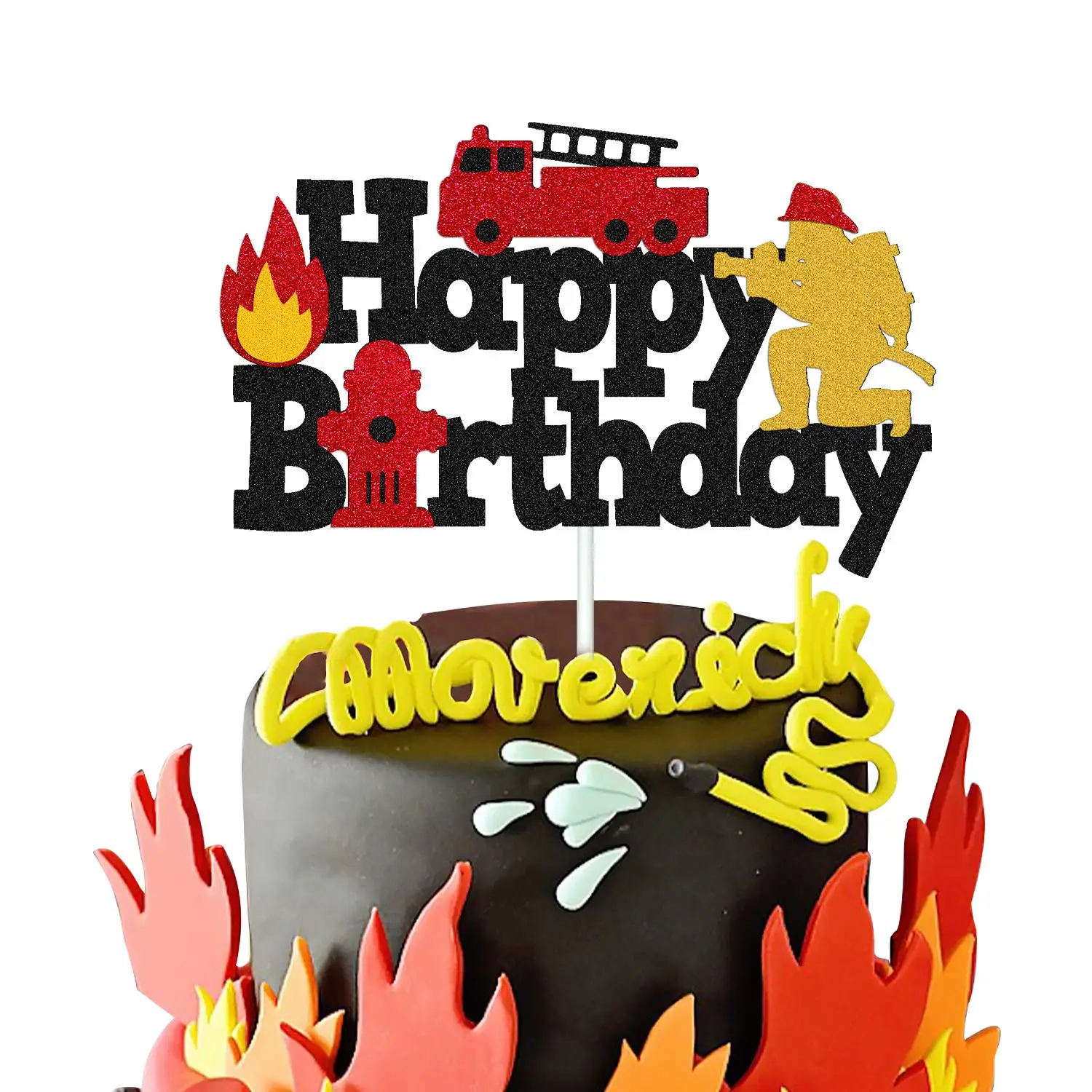 Fire Truck Party Cake Decoration Happy Birthday Cake Topper Fire Shaped Cupcake Topper Little Firefighter Birthday Party Favors