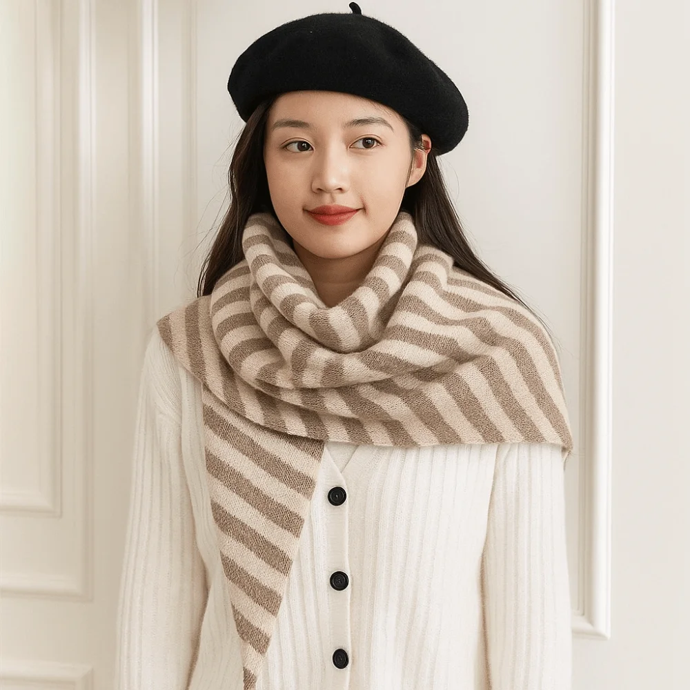 

Soft Korean Style Striped Scarf Cashmere Thickened Winter Shawl Plush Windproof Knitted Triangle Scarf Autumn Winter