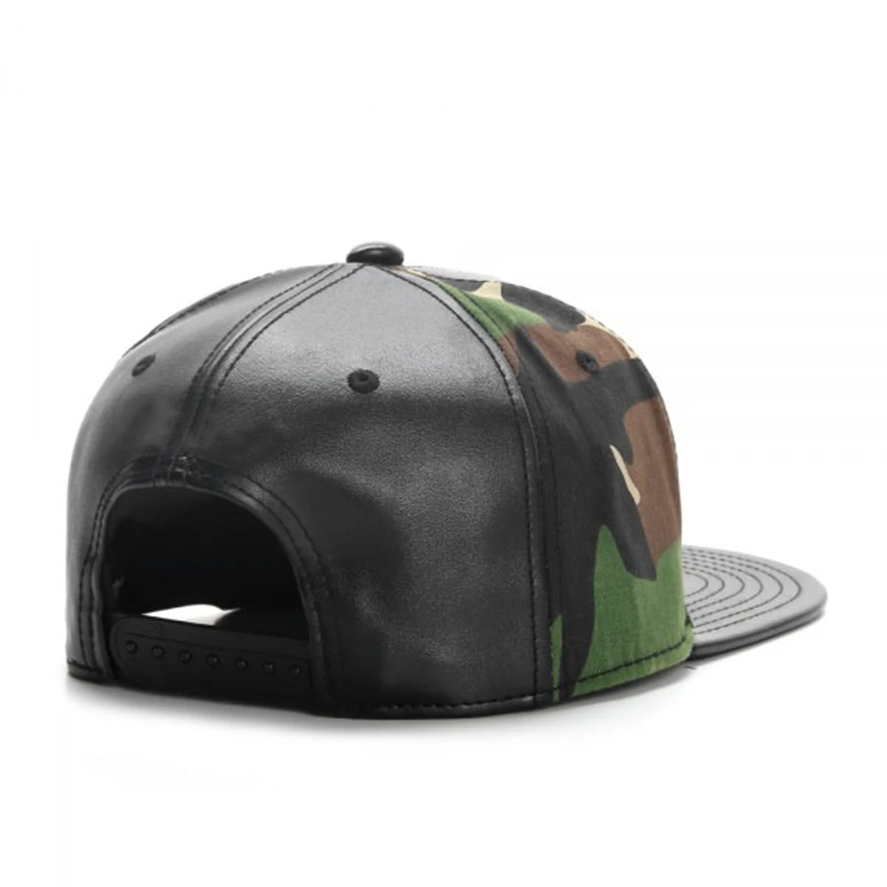 New Adjustable Camouflage Flat Brim Leather Hat Urban Outdoor Streetwear Hip Hop Durable Unisex Sports Beach Basketball Camo Cap
