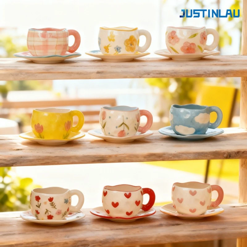 JUSTINLAU 300ML Ceramic Mugs Hand Pinched Irregular Coffee Cup Hand-painted Flower Heart Mug Home Milk Afternoon Tea Cup Gifts