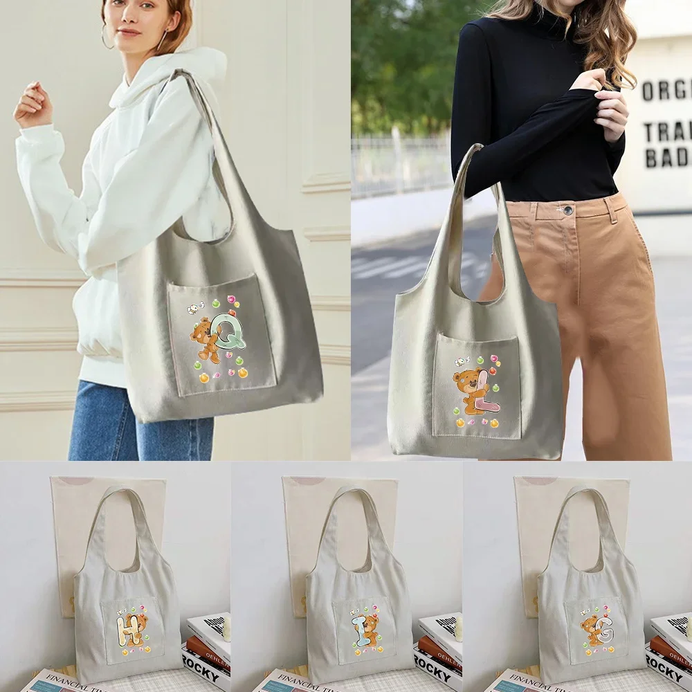 

Shopping Bag Foldable Student Canvas Shoulder Bag Bear Initials Printed Ladies Shopper Bag Travel Tote Work Handbag Organizer