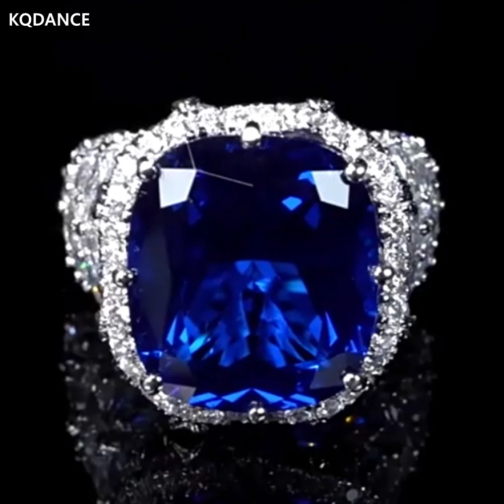 

KQDANCE Luxury Craft 925 Sterling Silver Large Cushion Cut Royal Blue Stone High Carbon Diamond Created Sapphire Rings Jewelry