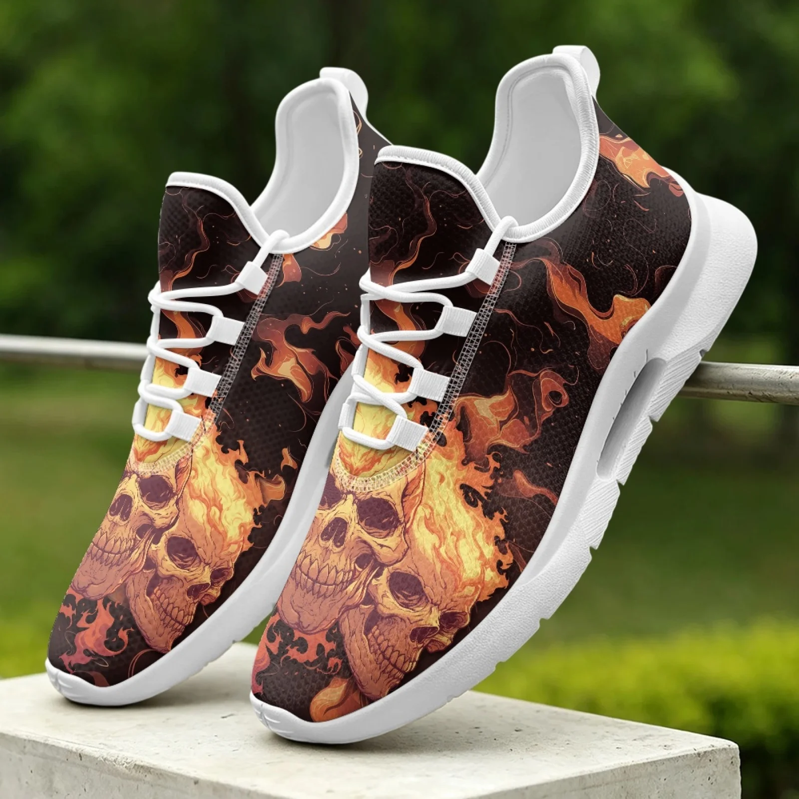 XIXIRIMIDO Lace-up Casual Shoes Mens Sneakers Comfortable Mesh Breathable Walking Shoe Women's Lightweight Sneaker Flame Skull
