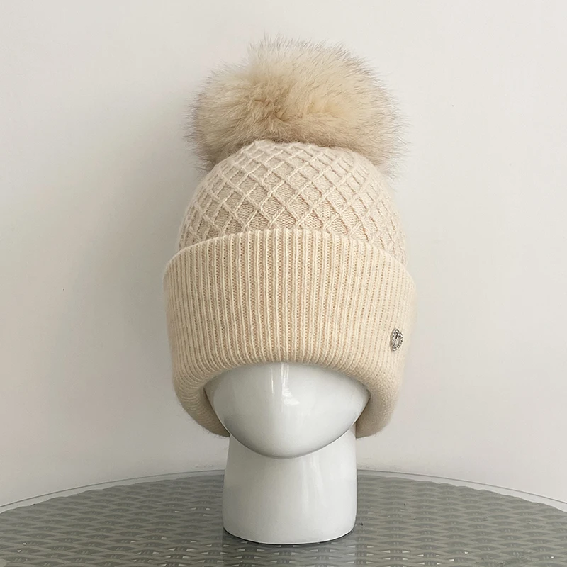 

Angora Hat Women Knit Beanie Pompom Of Real Fox Warm Accessory For Skiing Autumn Outdoor Climb Luxury