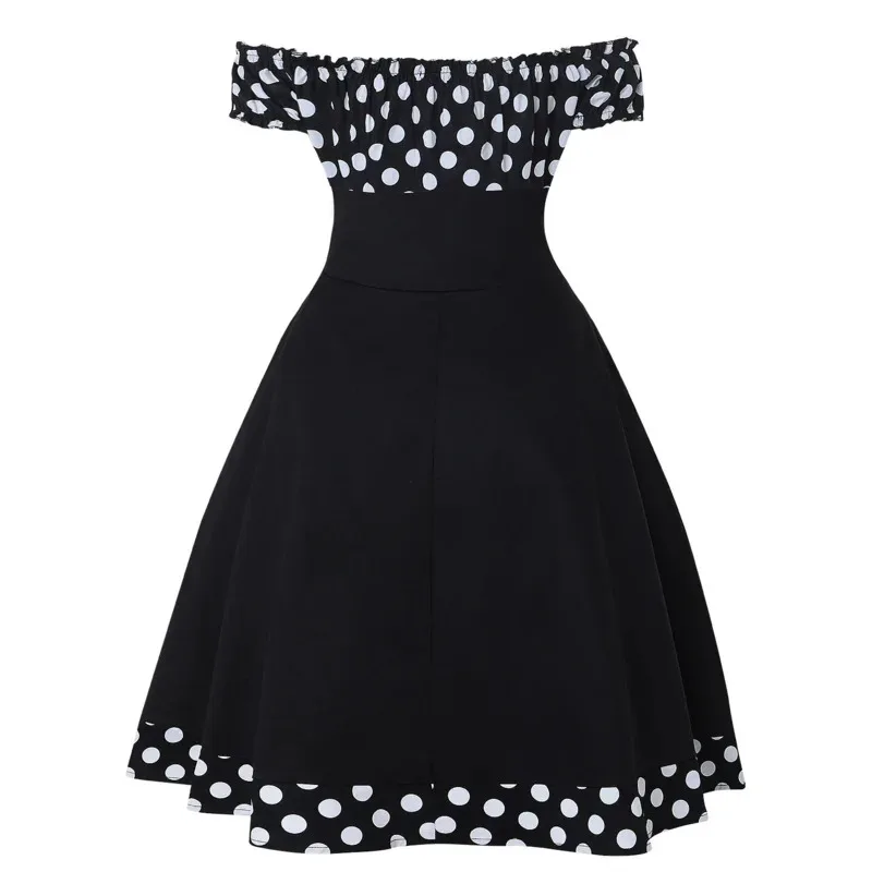 Elegant Polka Dot Patchwork Vintage Dresses Women Robe Hepburn Style Slash Neck Off the Shoulder Summer Party Prom Dress