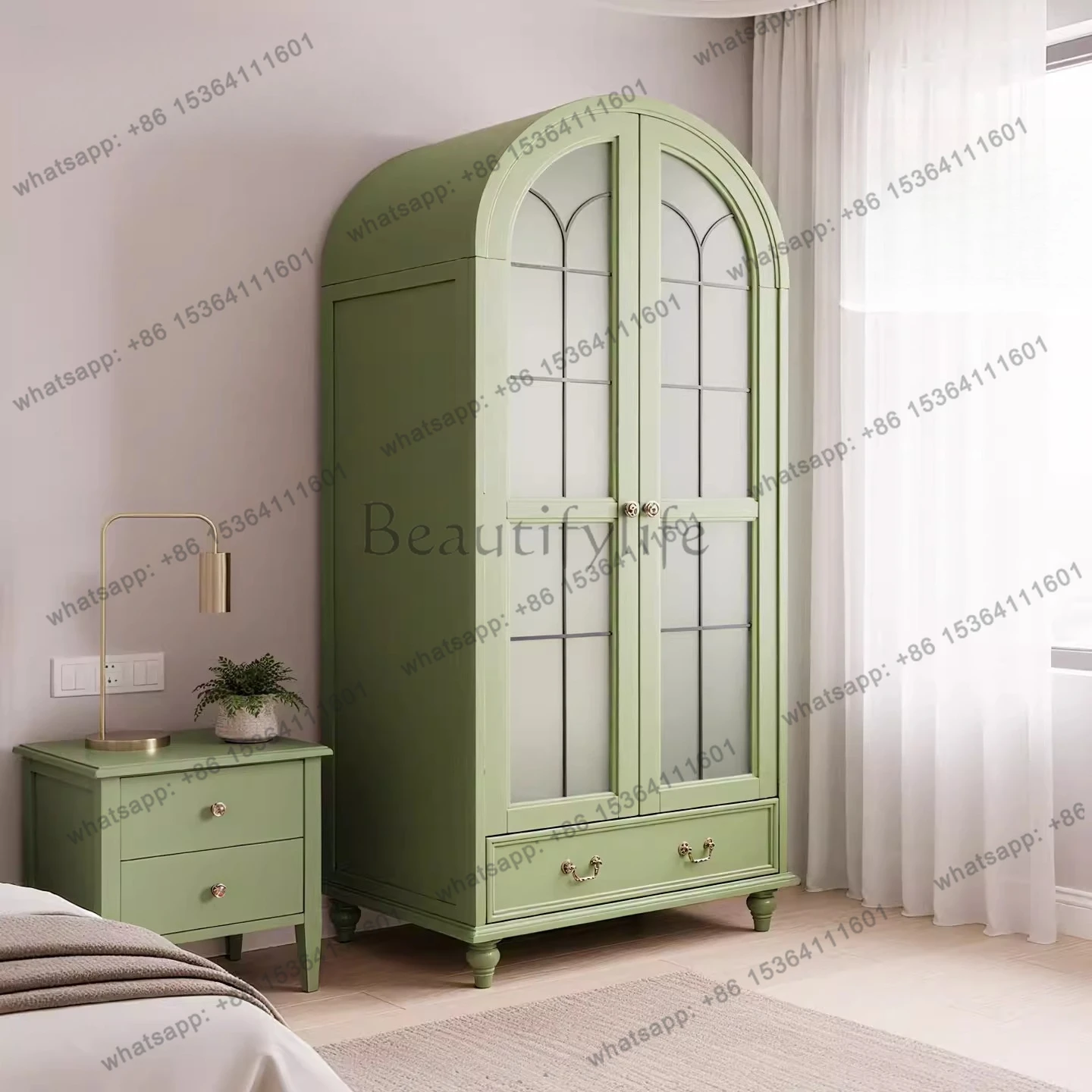 

Pure solid wood arched glass door wardrobe small apartment wardrobe storage cabinet