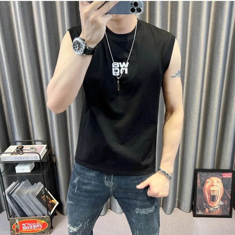 Fashion O-Neck Printed Letter Casual Tank Top T-Shirts Men\'s Clothing 2024 Summer New Loose Korean Sleeveless Tops All-match Tee