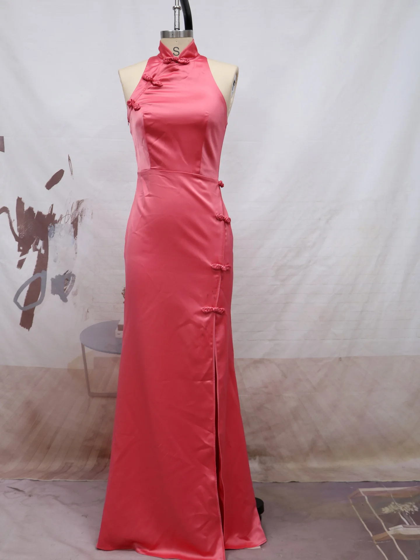 

Ele Sexy Vintage Women's Slim Dr Ne Hanging Sle Maidsmaid Dr Pure Color mid Waist Fi Tail Long Evening Gown