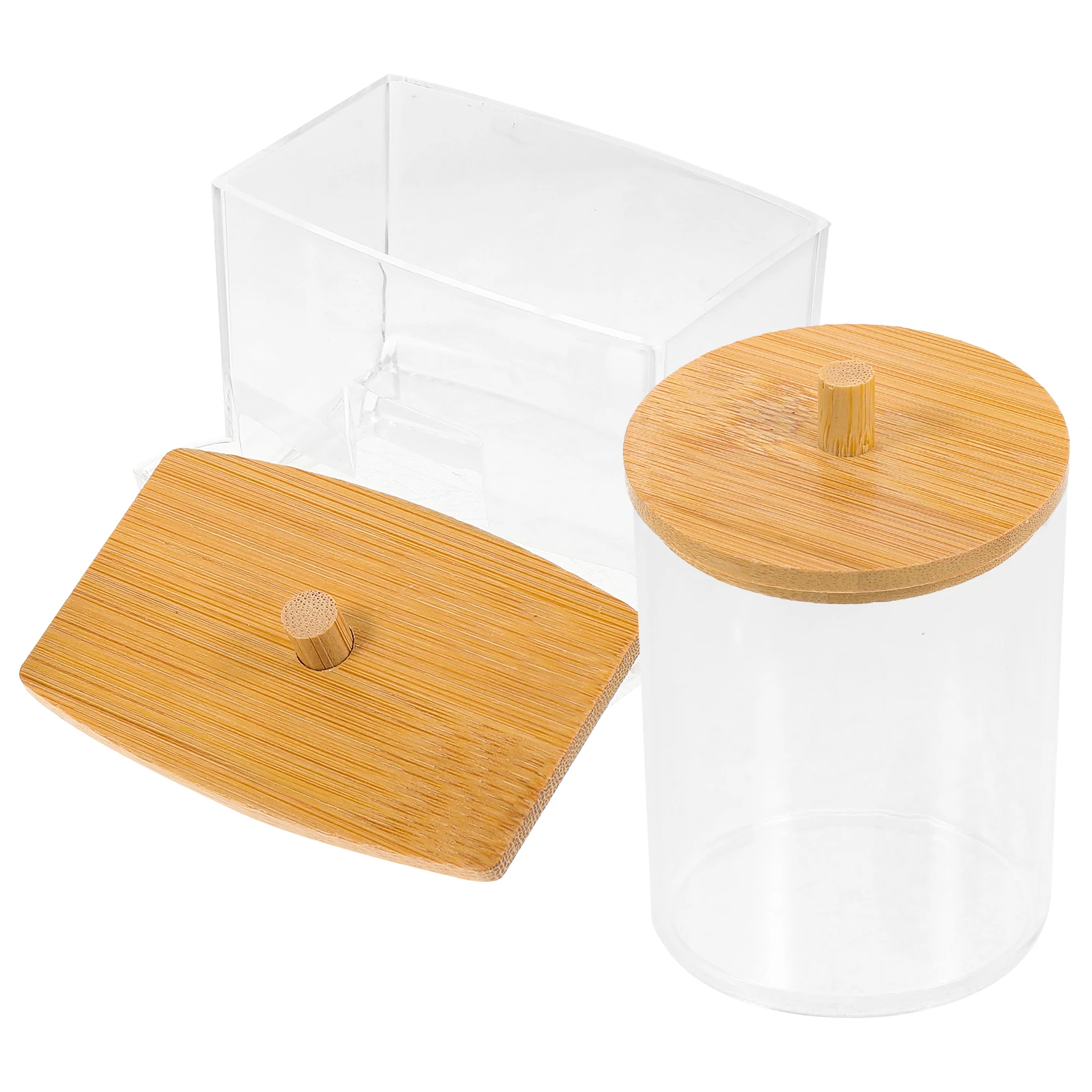 1 مجموعة غطاء من الخيزران أعواد قطنية صندوق واضح الاكريليك المنظم ل منصات القطن المسواك تخزين الحمام ماكياج مكافحة موزع #1