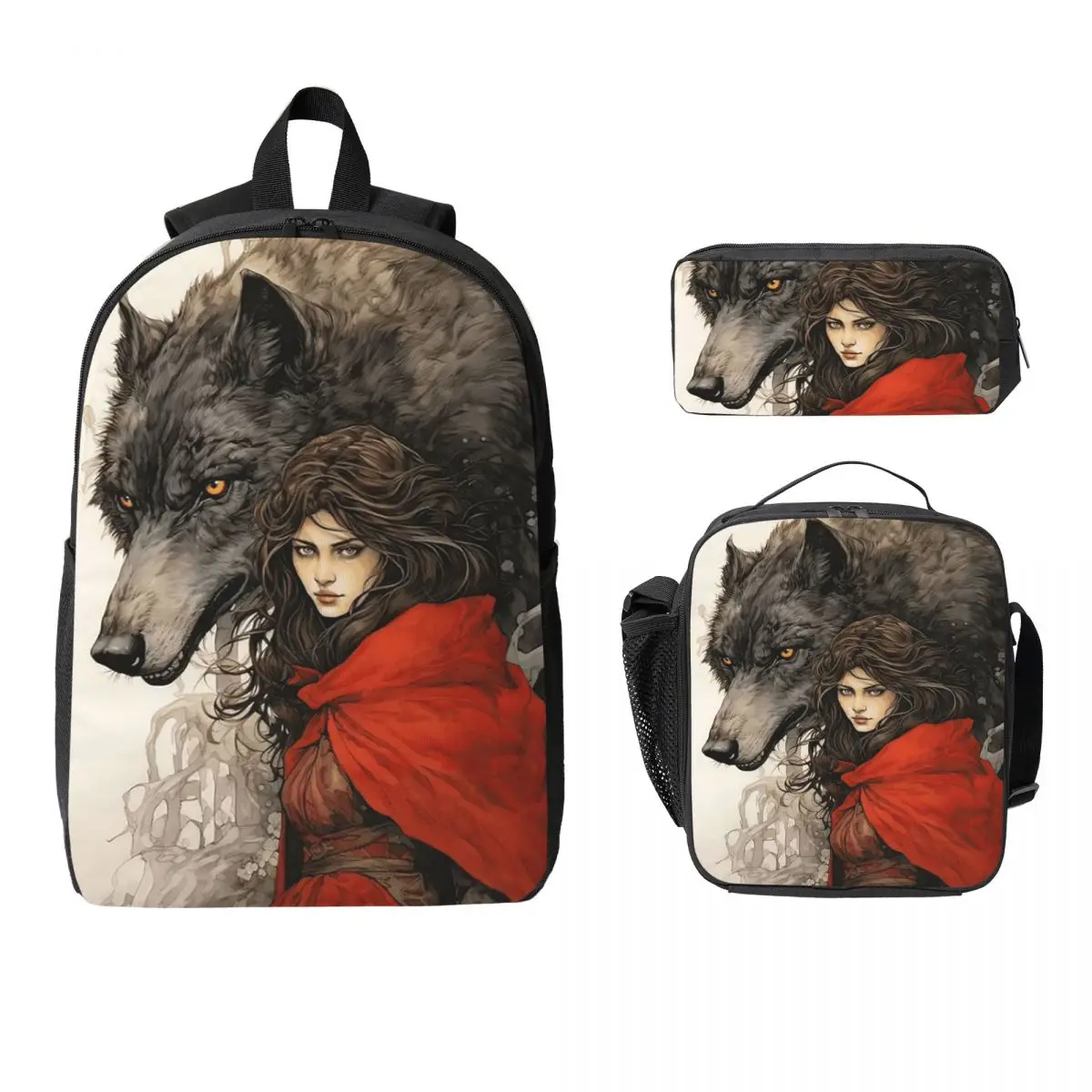 Little Red Riding Hood And Wolf Backpack Boys Girls BookBag School Bag Laptop Shoulder Bags 3ps Insulated Lunch Bag Pencil Case