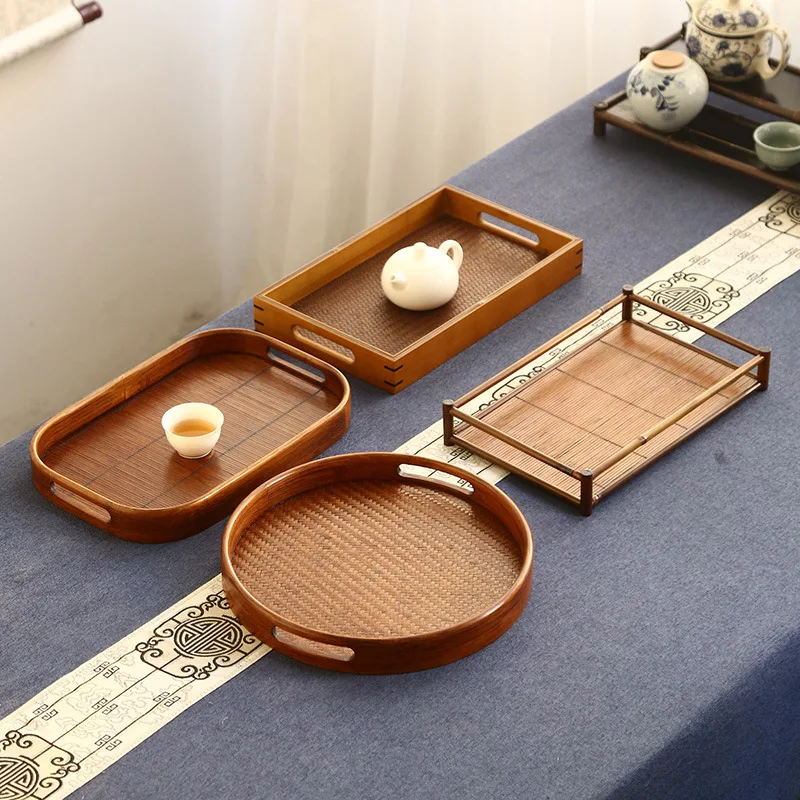 

HeMu Bamboo Woven Tea Tray Japanese Style Retro Bamboo Dry Brewing Table Tea Set Accessories Restaurant Hotel Bread Fruit Tray