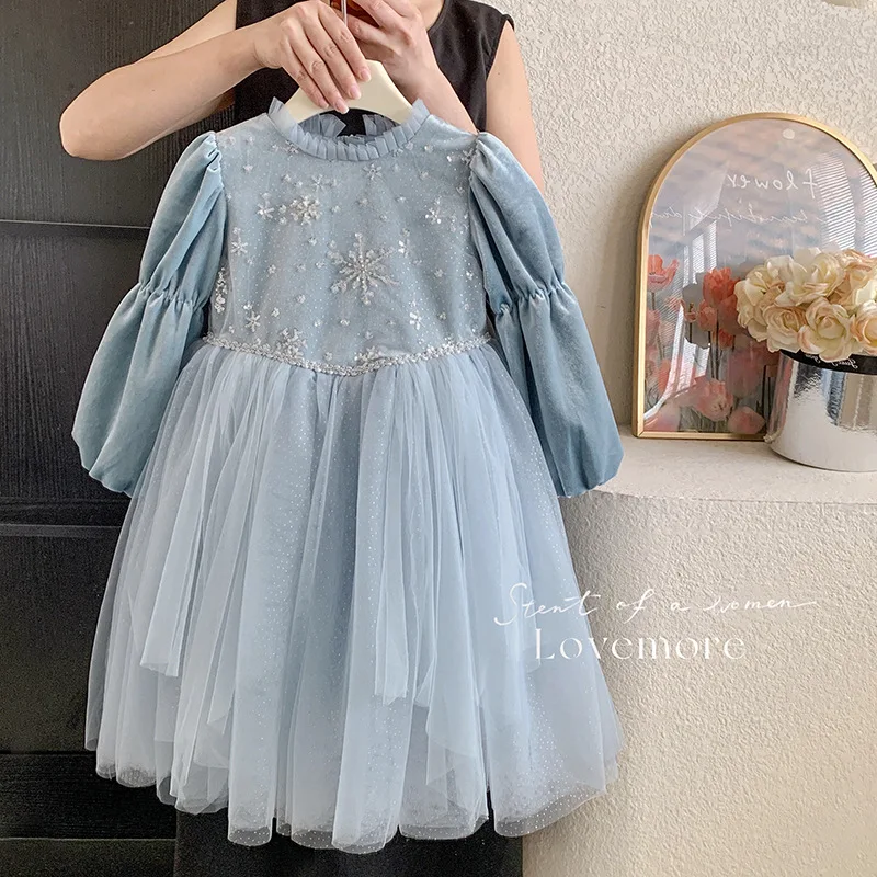 Kid Girl Light Blue Long Sleeve Dress for Children Intricate Snowflake Embroidery Puff Sleeves Layered Glittering Tulle Skirt