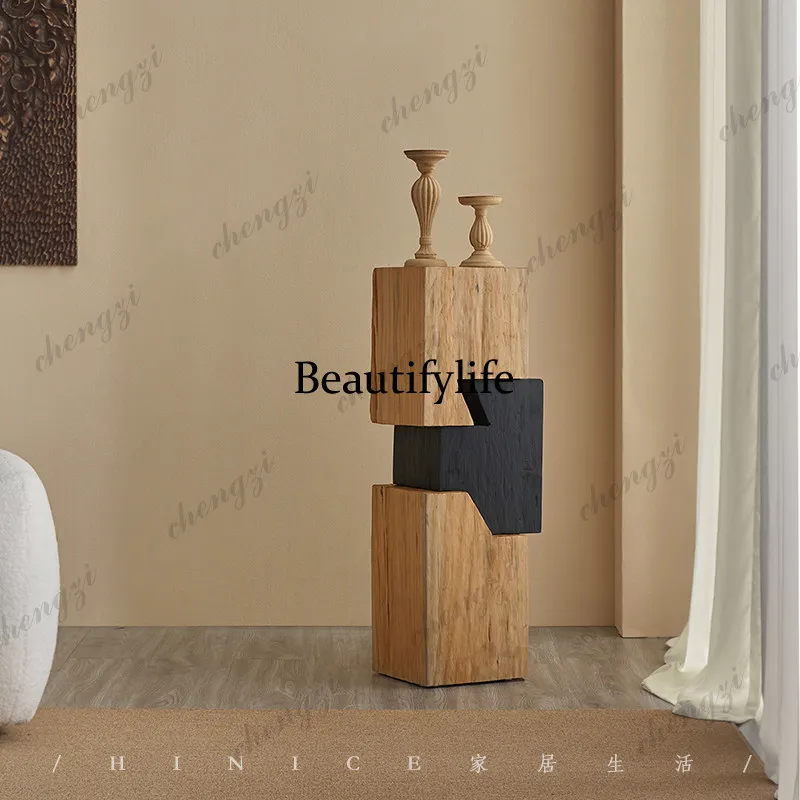 Wabi Silent Wind Color Matching Ornament Square Corner Flower Pile Pier Landscaping Solid Wood Column Decorative Shelf