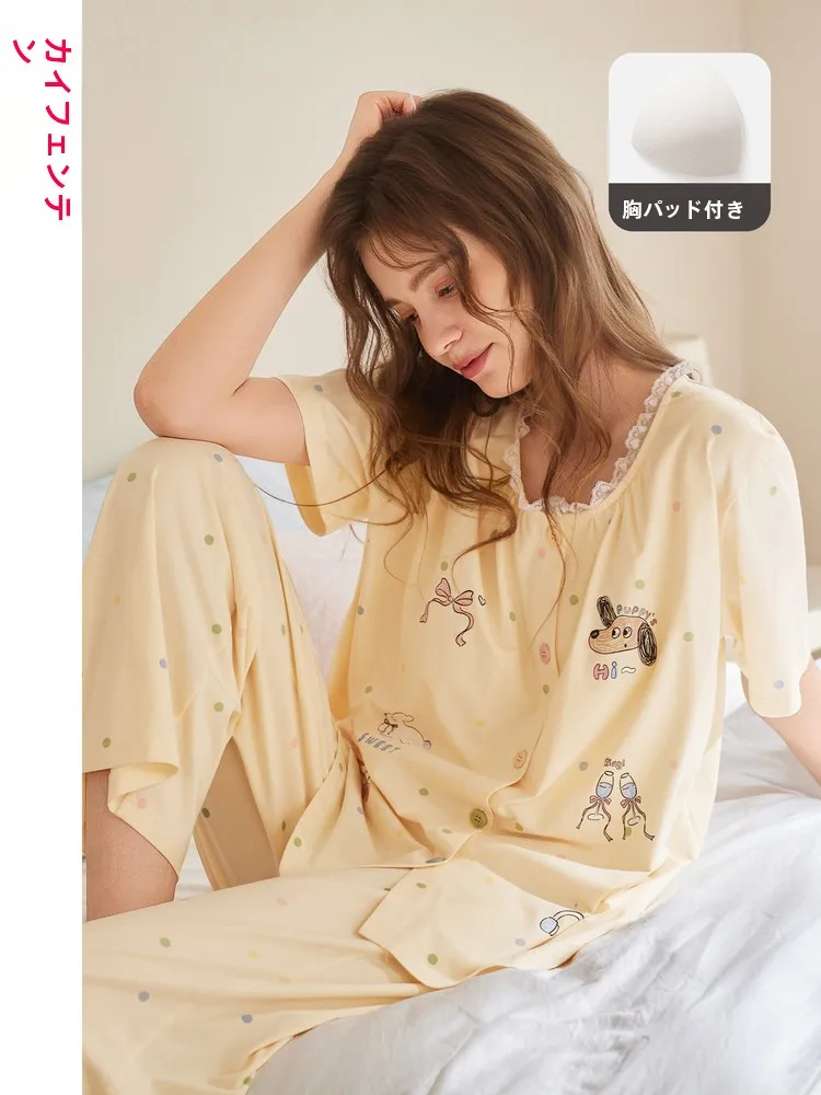fenteng-women's-summer-spwear-pure-cotton-ort-sve-set-with-chest-pad-casual-loose-plus-size-cotton-home-clothes