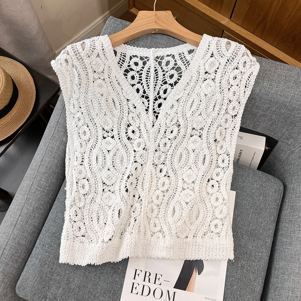 

Women's Hollow out V-Ne Tank Top n Sle Outerwear Spring Summer Layering Faion Straight Cut Svel Lace irt