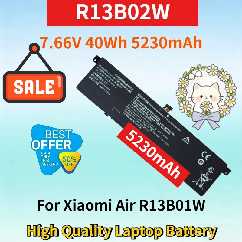 

R13B02W 7.66V 40Wh 5230mAh Rechargeable Battery for Xiaomi Air 13.3inch R13B01W High Quality Li-ion Replacement Laptop Battery