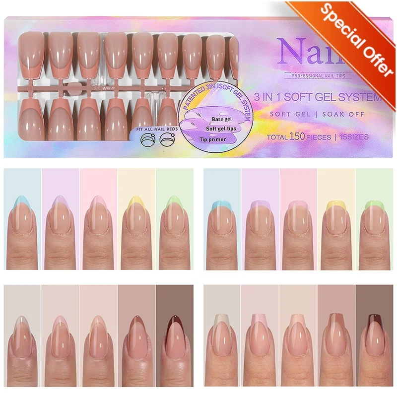 

150pcs French Tip Press-On Nails 5 Colors Medium Length Square Shape With Glossy Finish False Nails Full Cover Shaped Fake Nail