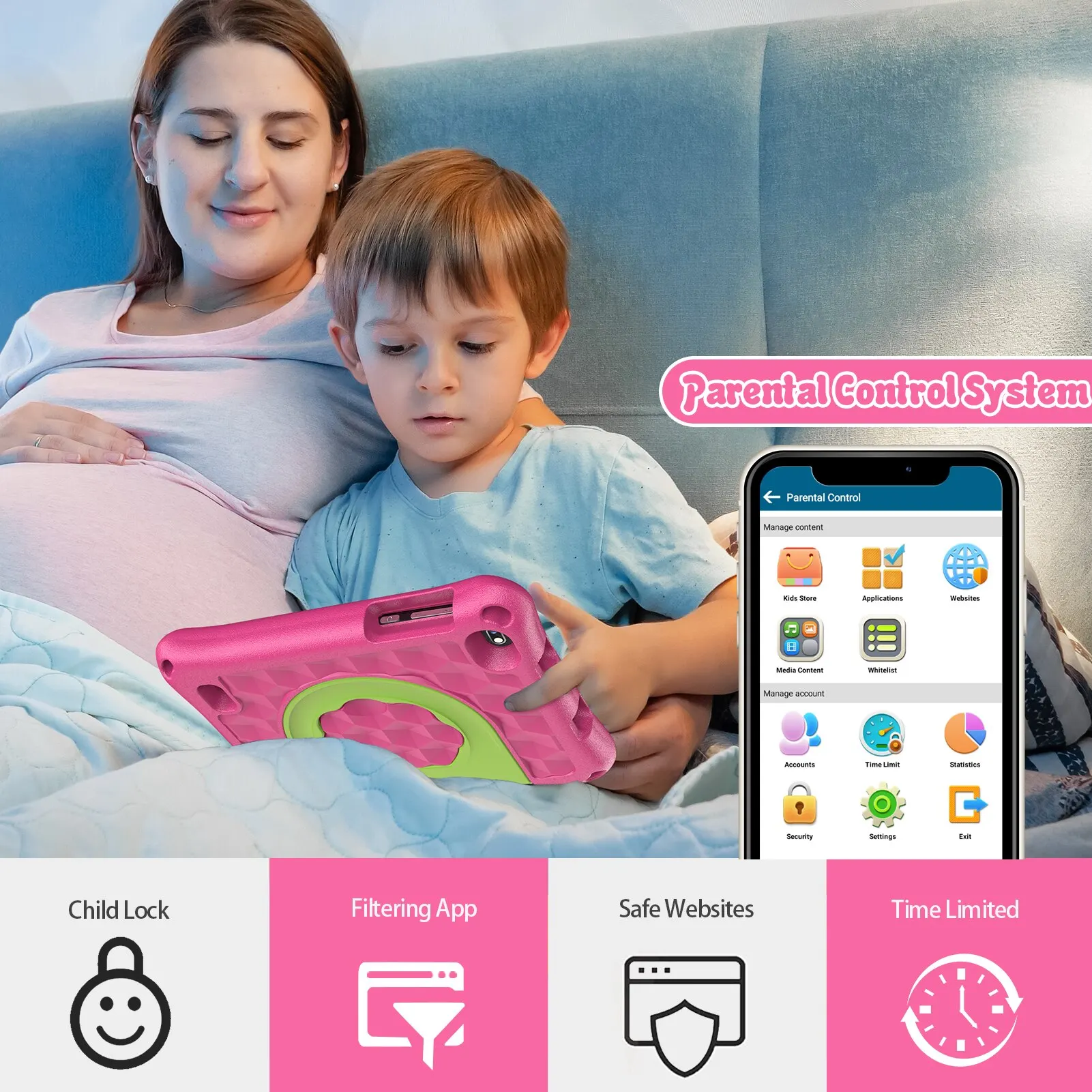 VASOUN Tablet anak-anak Android 7 inci, Penyimpanan 2GB RAM 32GB dengan WiFi kamera ganda, Mode kontrol orang tua, Google Playstore