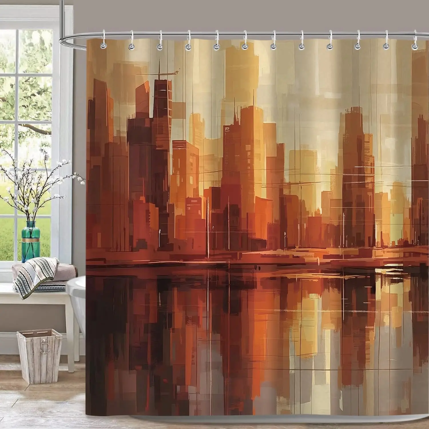 

Urban Cityscape Shower Curtain Orange Red Tones Abstract Art River Reflection Contemporary Bathroom Decor Waterproof Fabric Home
