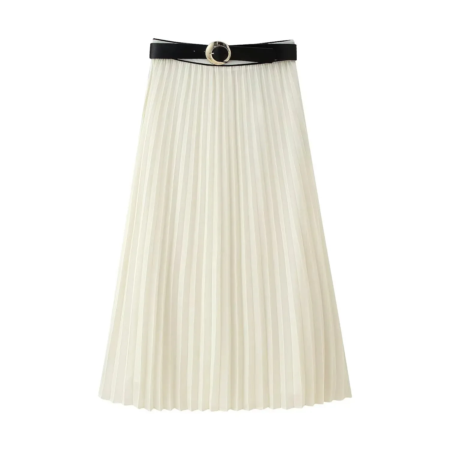 HH Women Fashion V-Neck Solid Pleated Single-breasted Sleeveless Top+High Waist Casual Belt Decoration A-Line Midi Skirt Set