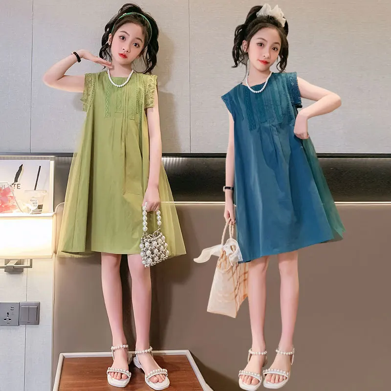 

Girl Dresses Summer Solid Cotton Sleeveless Dress for Girls 3-12 Years Children's Clothing Casual Dress Girl Korean Beach Dress