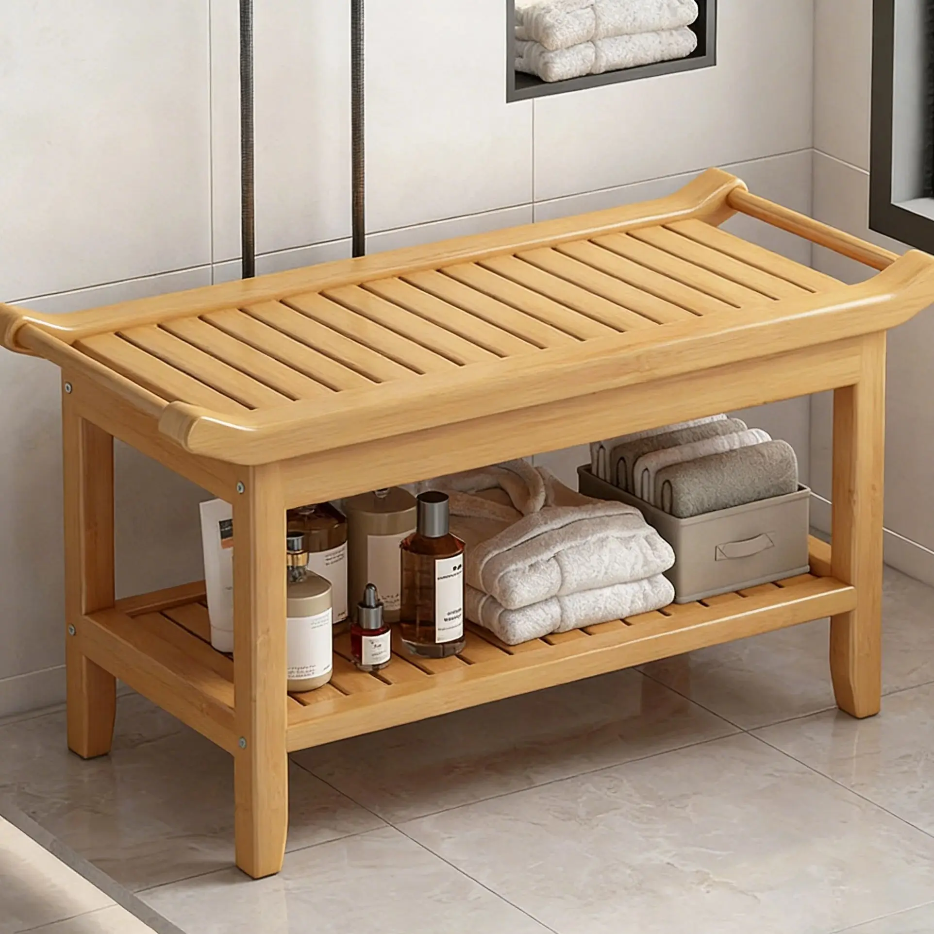 Wooden Bathroom Shower Bench - alternate angle