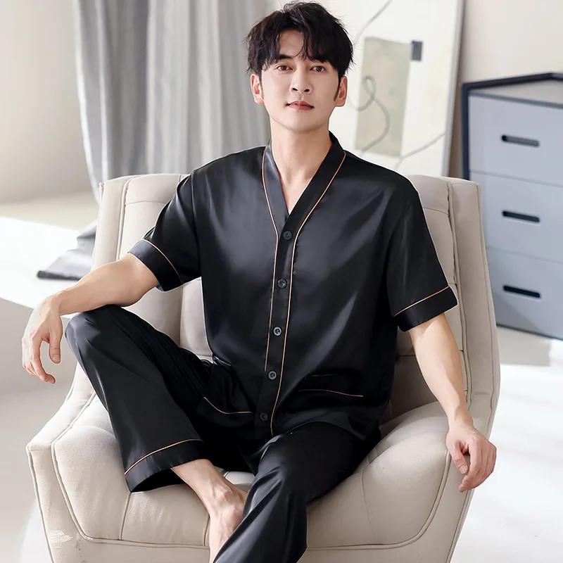 

Summer Men's Satin Pajamas Short Sleeve Long Pants V-Neck Open Front Kimono Plus Size L-4XL Ice Silk Loose Sleepwear New