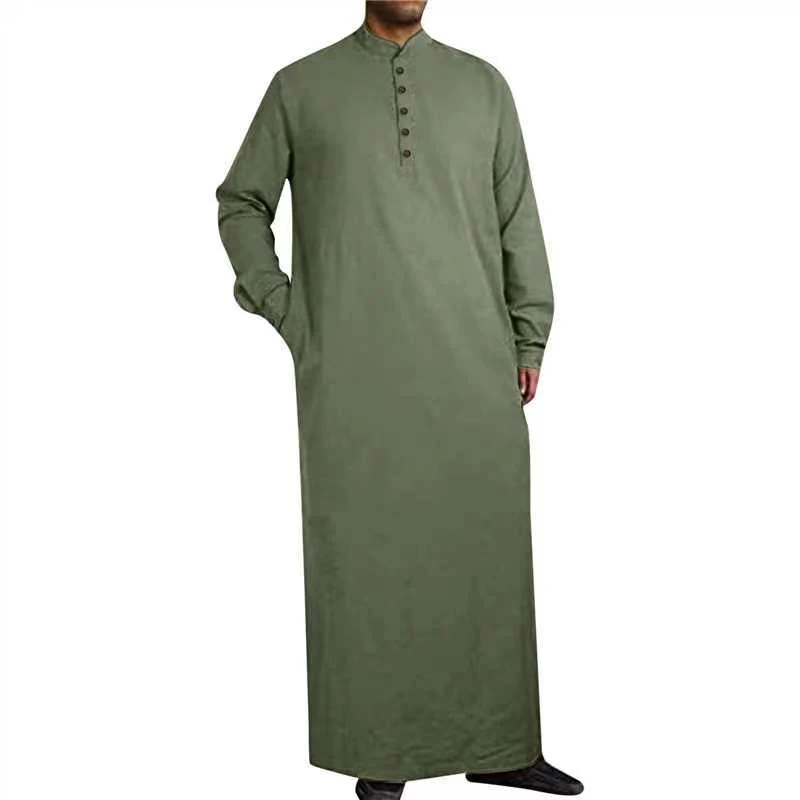 Men\'s Muslim Robe Fashion Solid Color Standing Neck Button Long Sleeve Arab Abaya Kaftan Dress Ramadan Eid Islamic Clothing