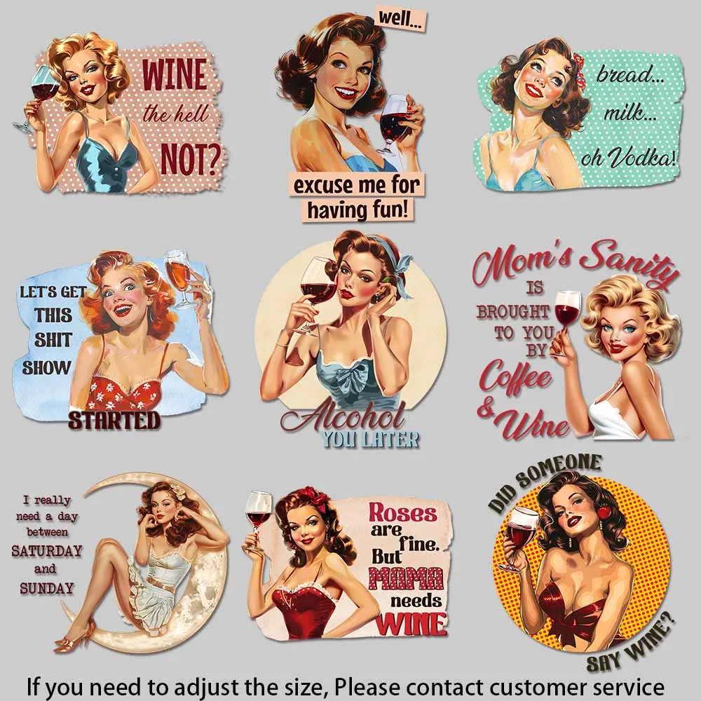 Vintage Wine Lady Heat Transfer Iron On Patches for T-Shirts, Tote Bags DIY Decor Vivid Color Transfer Firm and Fadeless