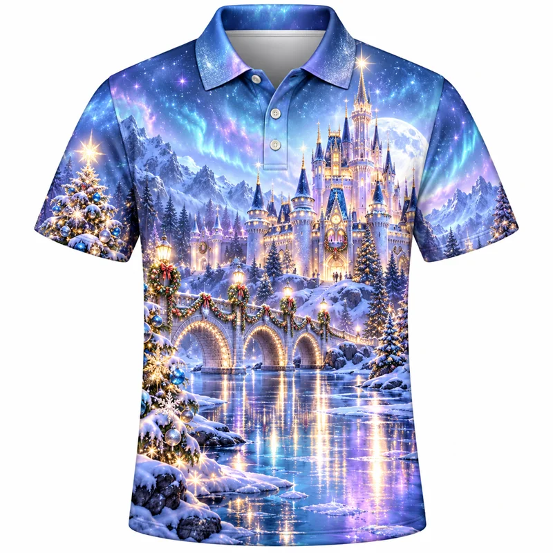 Christmas Polo Shirt for Men Short Sleeve Colorful Aurora Castle Corgi Candyland Designs Holiday Party Top
