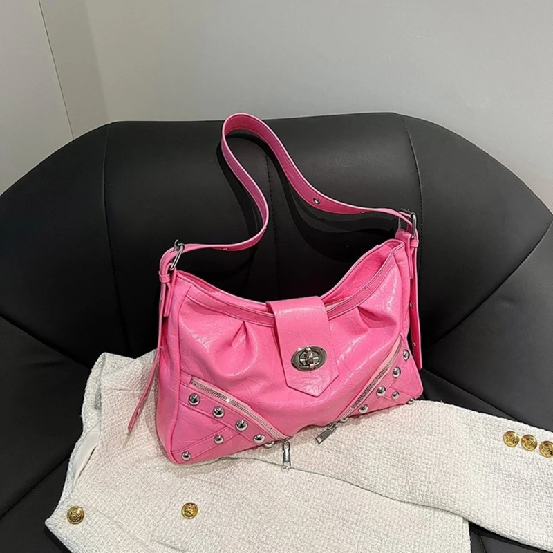 Bolso hombro con tachuelas y remaches Punk para mujer, bandolera piel sintética plisada con textura, bolso cruzado con