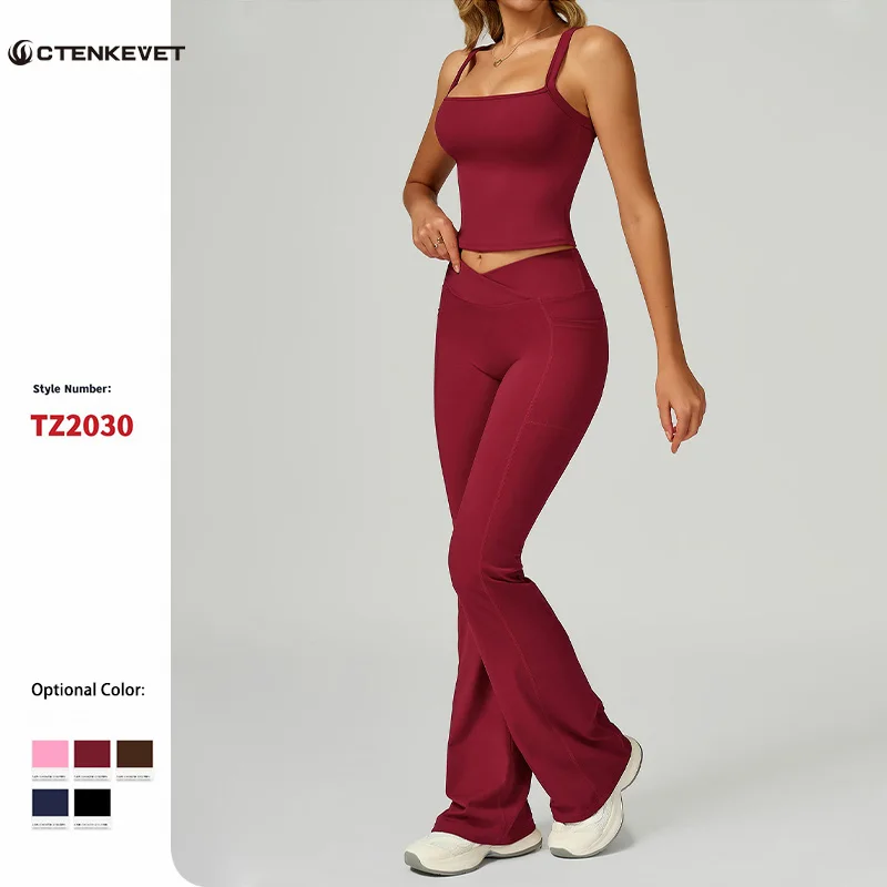 

Ctenkevet New Women Summer Gym Two-Piece Set 2Pcs Pilates Training Vest Yoga Set Female Flared Pants Suit Sport Outfit For Woman