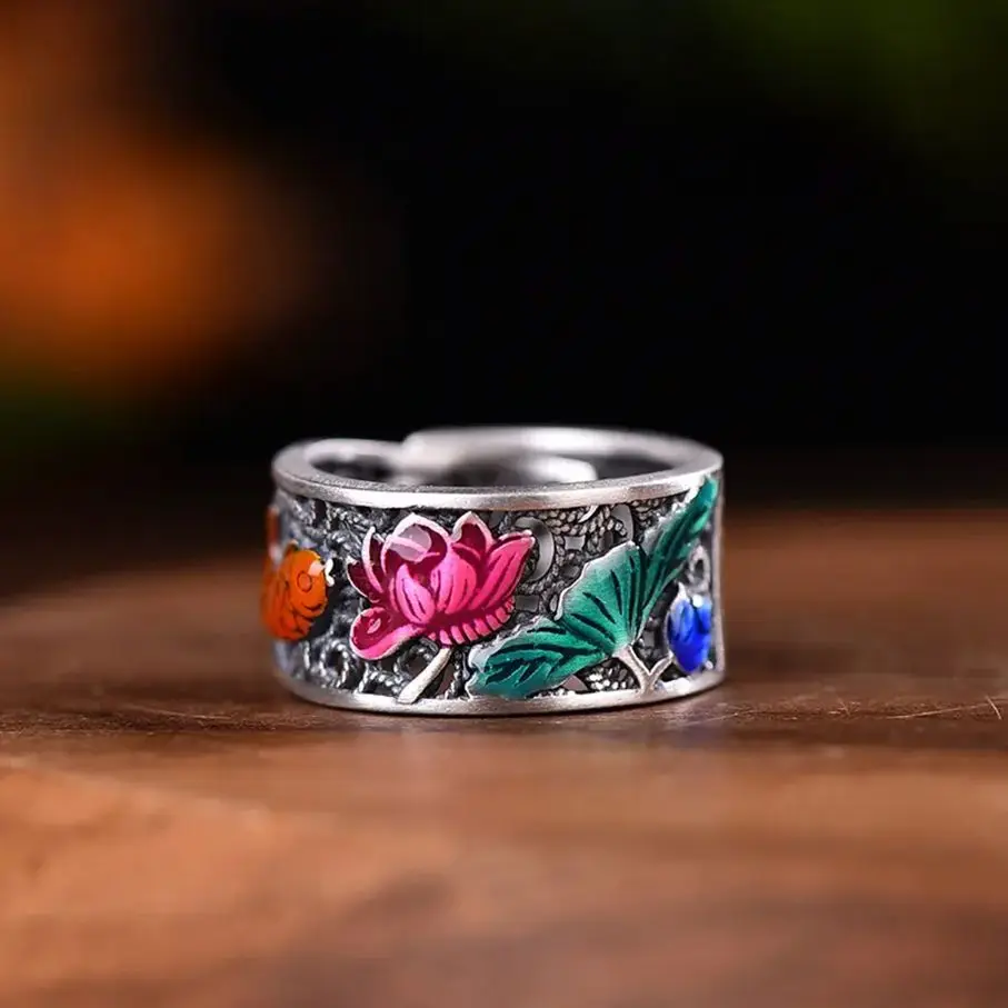 Silver New Vintage Vintage Enamel Lotus Koi Ring Ethnic Style Artistic Carp Opening Adjustable Men's and Women's Jewelry