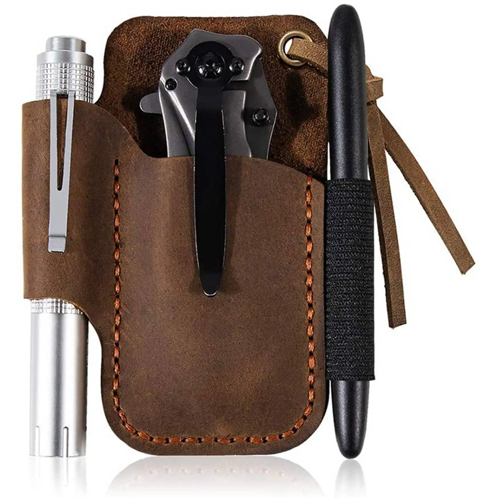 BHBD-2X Handmade Leather Sheath Folding Knife Flashlight Holder EDC Tool Brown