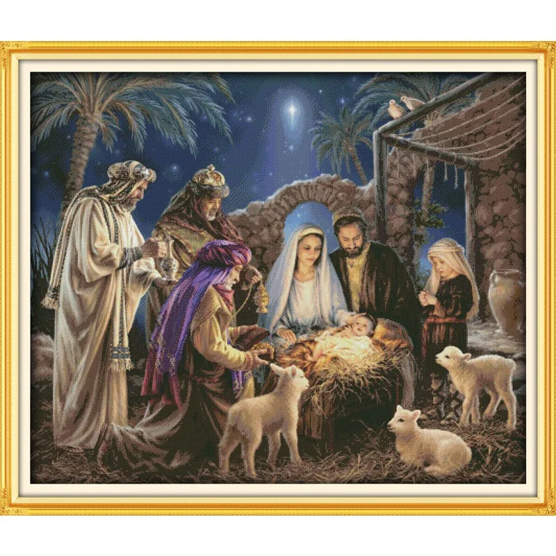 

Joy Sunday New Stamped Cross Stitch Kit,11/14/16CT DIY Easy Pattern Aida Fabric Embroidery Set-The Birth of Baby Jesus