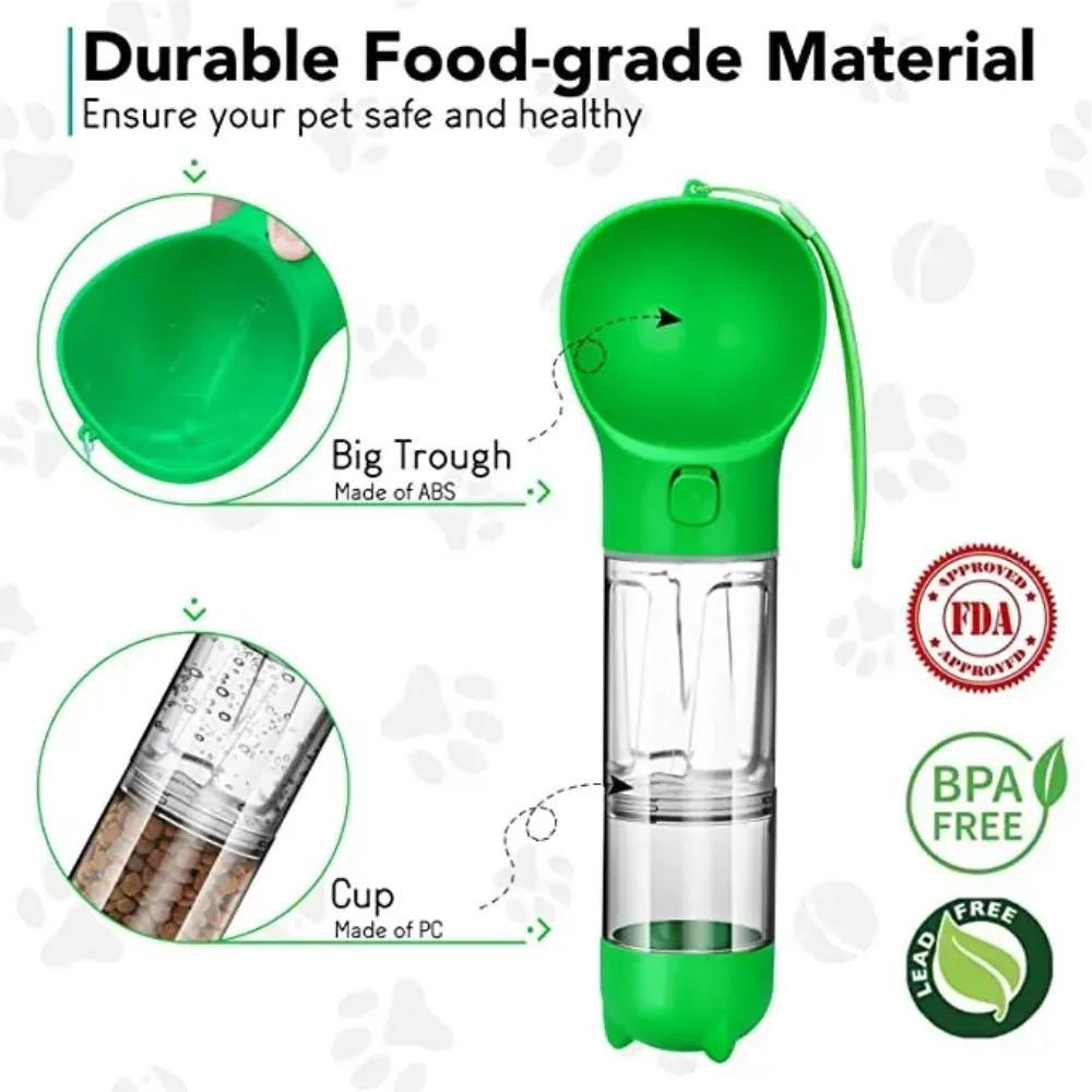 Portable Pet Water Bottle, Dog Bowl Dispenser, Travel Water Cup with Food Container for Cats Walking and Travel, 4 in 1