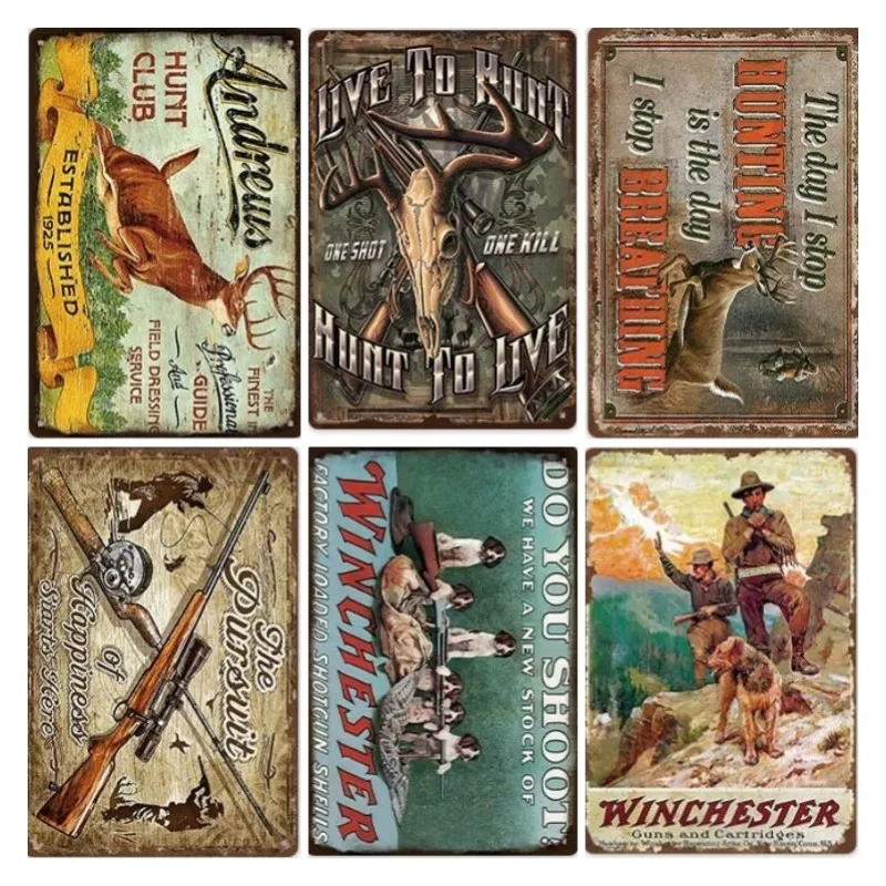 Hunting Sign Vintage Metal Sign Wooden House Wall Decor for Hunter Man Cave Gift Pistola  Metal Decorative 8 * 12 Inch