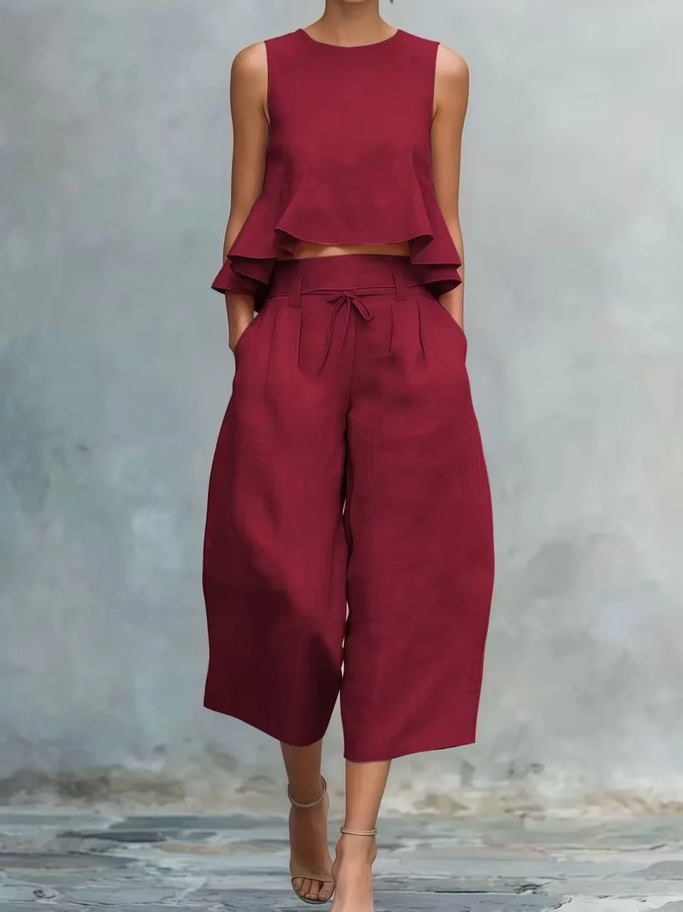 Damen Casual Urlaubs-Zweiteiler: Ärmelloses Rüschen-Crop-Top und Weite Hose mit Kordelzug, Koordiniertes Set – Detail 3