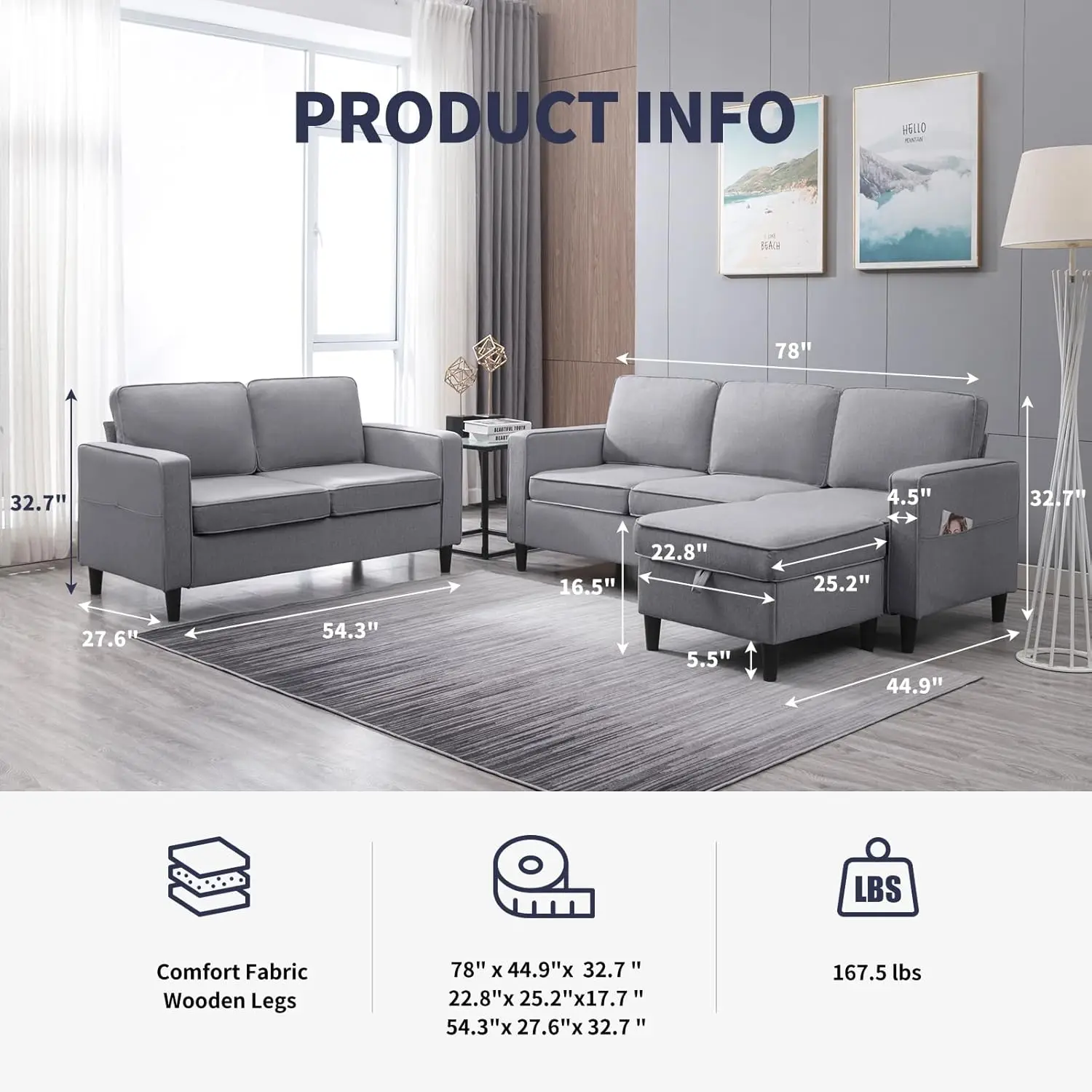 3 Seat Couch & Loveseat Sofa with Side Pockets & Movable Storage Ottoman, Modern Convertible Upholstered Couches Office