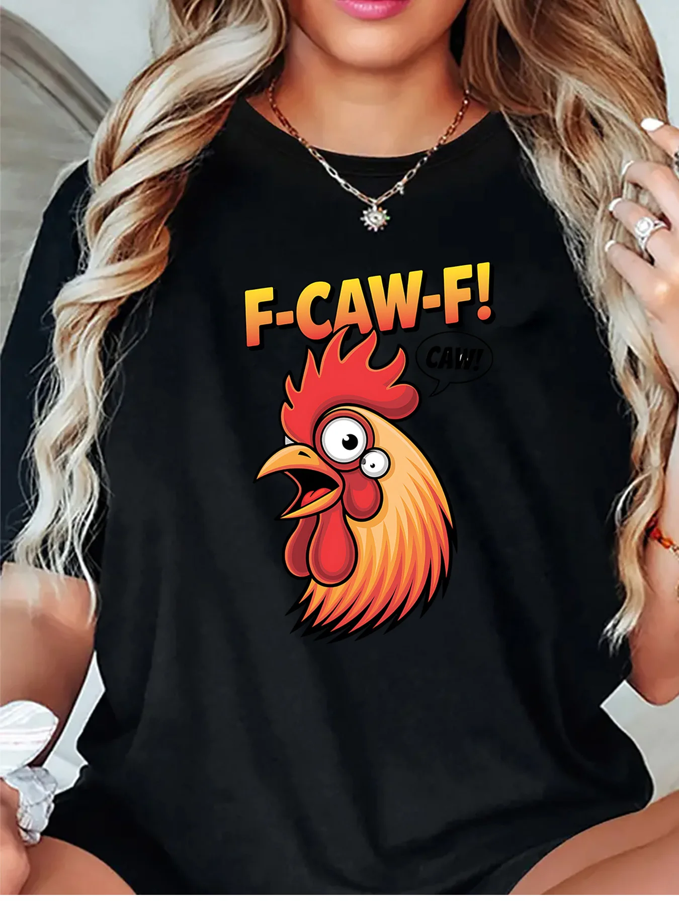F Caw F Funny Cartoon Rooster Head Speech Bubble Art Graphic Womens T Shirt Short Sleeve Crew Neck Daily Casual Ladies Tee Tops