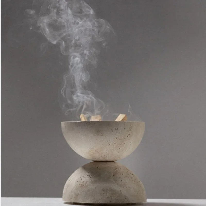 Wabi-Sabi-Beige Natural Marble Incense Burner, Religious Round Decorative Incense Diffuser, Home Decoration Stones Crafts