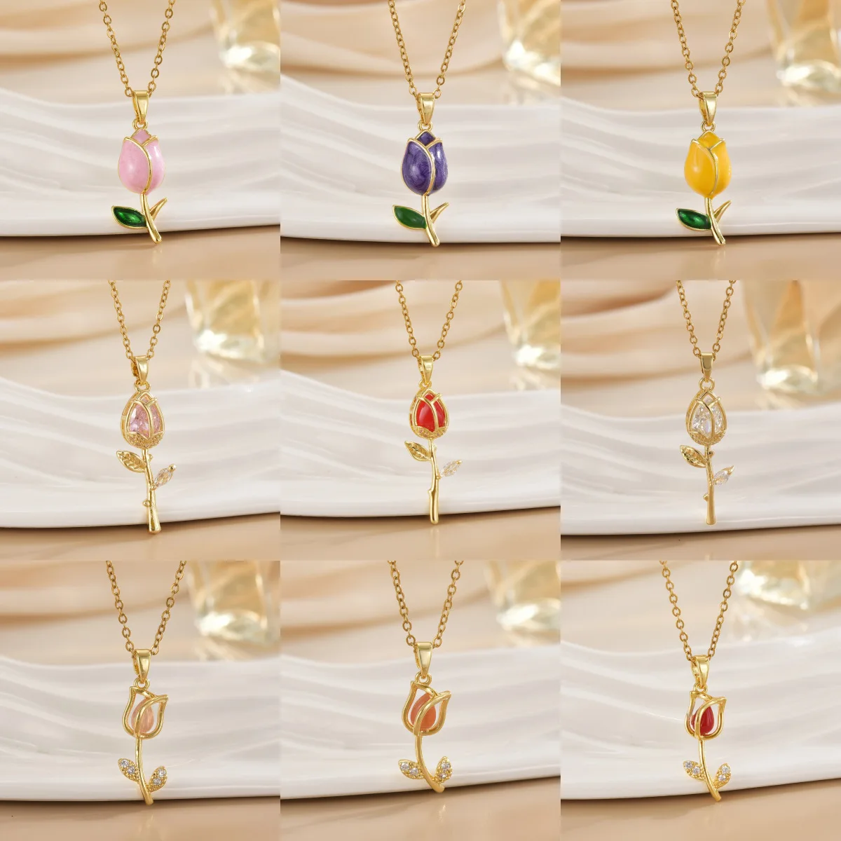 

Women Micro Paved Tulip Flower Pendant Necklace Titanium Steel Gold Color Tarnish Resistant Fashion Jewelry