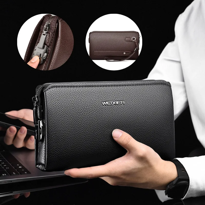 WEIXIER New Men Business Combination Lock Black Clutch Bag Solid Color Fashion PU Leather Wallet High End Safety Travel 2024