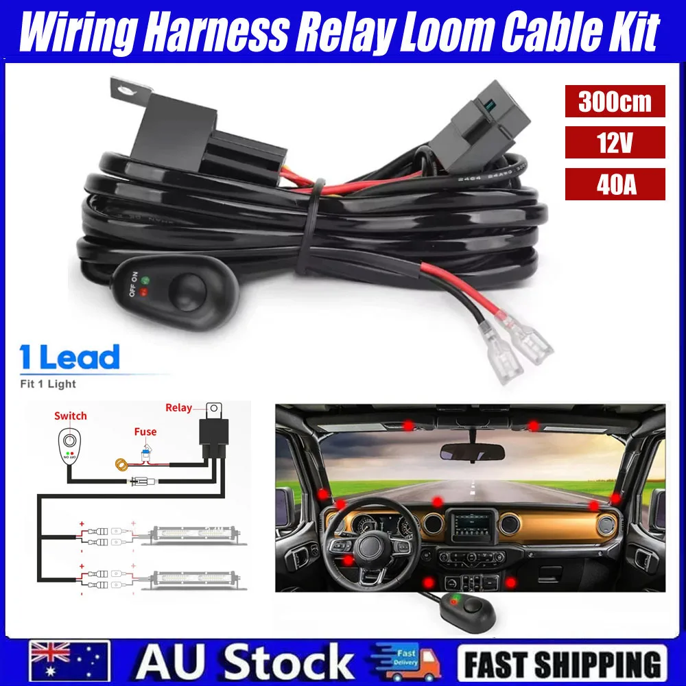 

300CM 12V 40A Wiring Harness Relay Loom Cable Kit For 1pc LED Light Bar Work Lamp