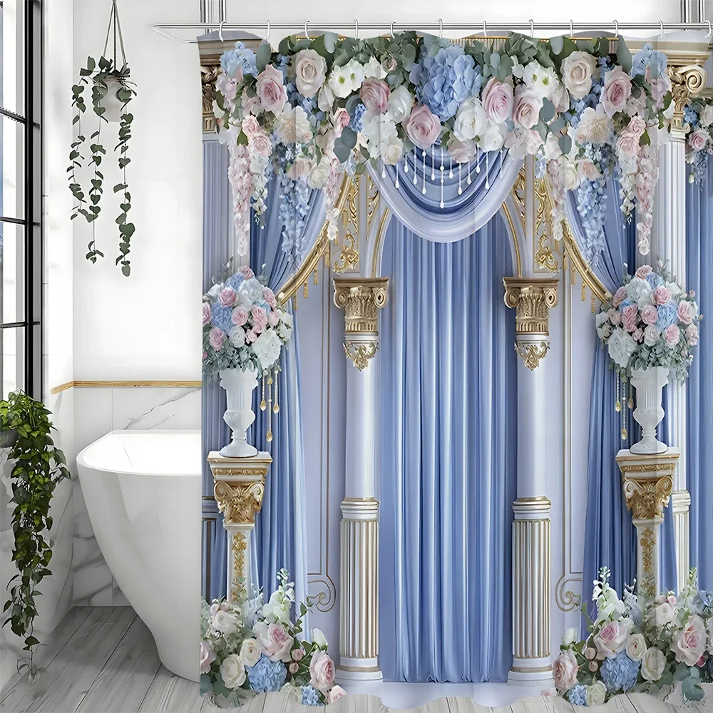 

Gorgeous Blue Palace Shower Curtain, Bathroom Decorative Shower Curtain, Waterproof Shower Curtain with Hooks