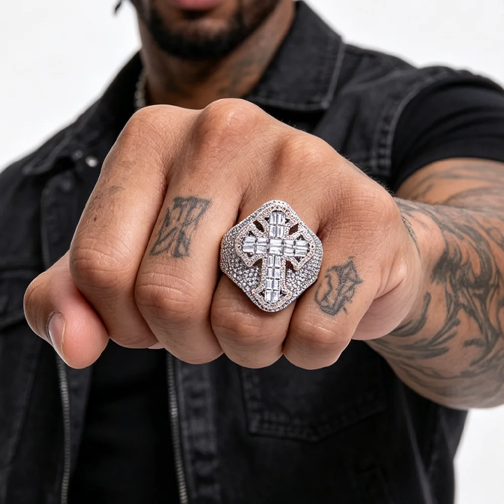 Hip hop rap men's silver rose dual tone micro paving shiny zircon ice out three-dimensional cross fashion men's ring jewelry