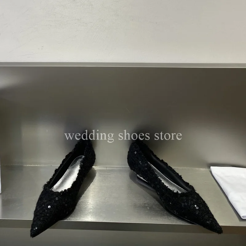 Glitter Black Pointed Toe Wedges High Heels Shimmery Shallow Mouth Genuine Leather Wedding Luxury New Single Shoes Women Pumps